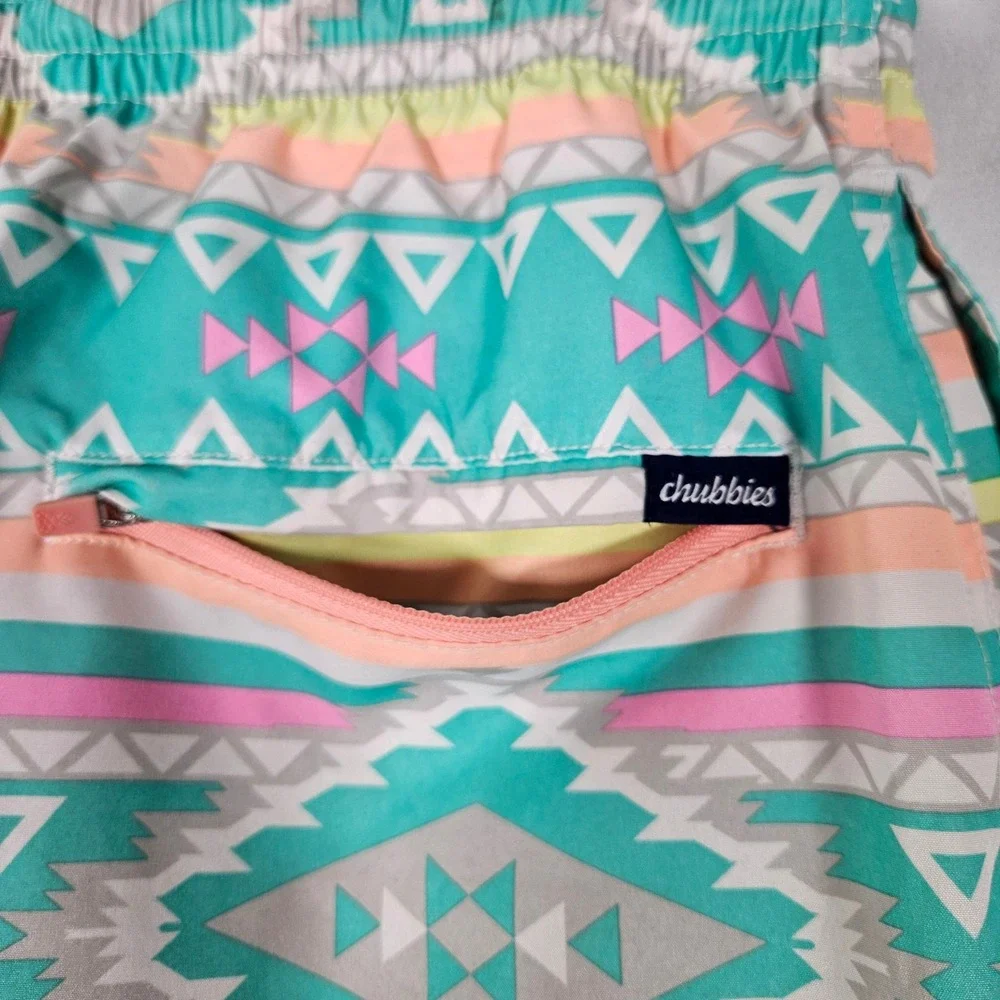 Chubbies Swim Trunks Mens XL Teal Pink Aztec Geometric 5.5